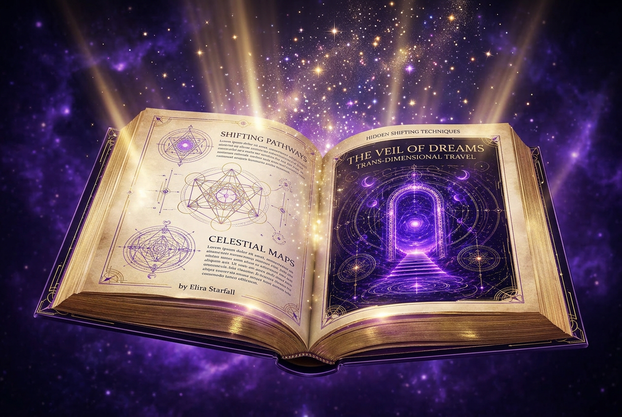 Open pages of Hidden Shifting Techniques revealing mystical knowledge